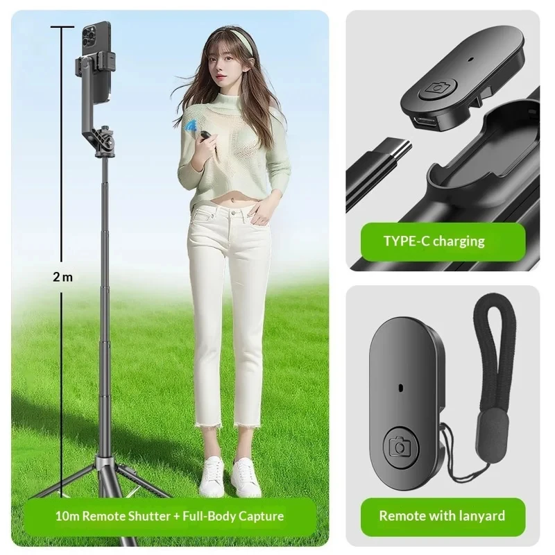 P61 2M Selfie Stick Tripod with Bluetooth Remote Portable Adjustable Phone Stand for IPhone Android Live Broadcast Photo Video