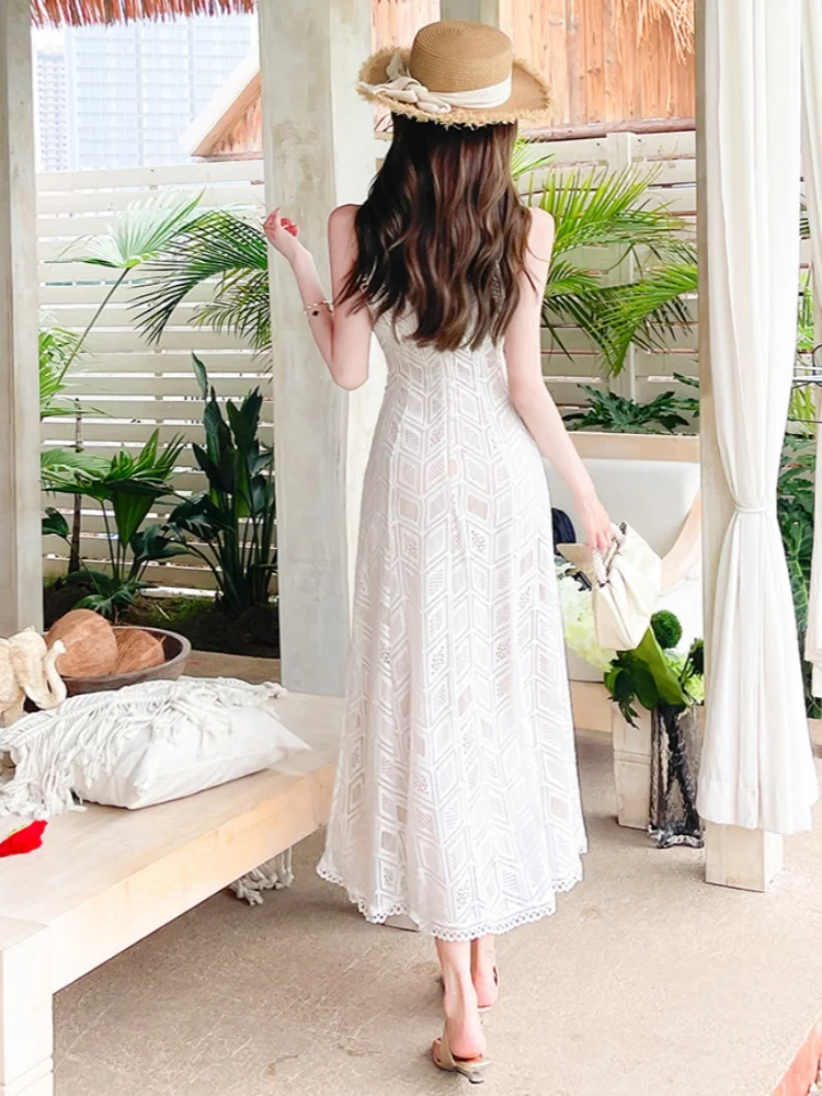 Sukienka damska z koronki, ażurowa, w kształcie litery A, z dekoltem typu O, bez rękawów, z wysokim stanem, elegancka, nowa odzież damska.