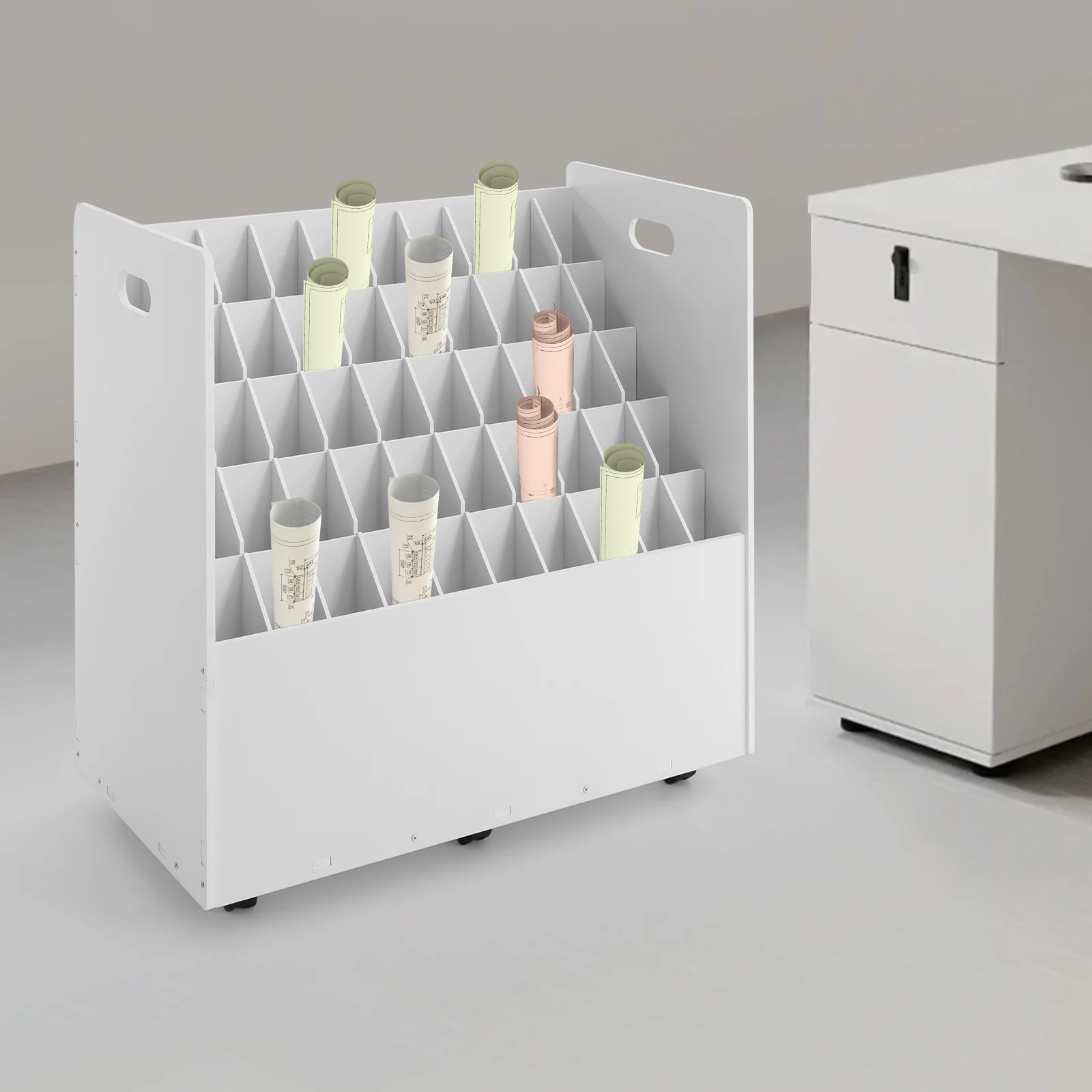 منظم مخطط دوار مكون من 50 فتحة مع عجلات، وعربة تخزين الملفات لمجلدات الحروف والحجم القانوني، وخزانة ملفات المكتب المتنقلة