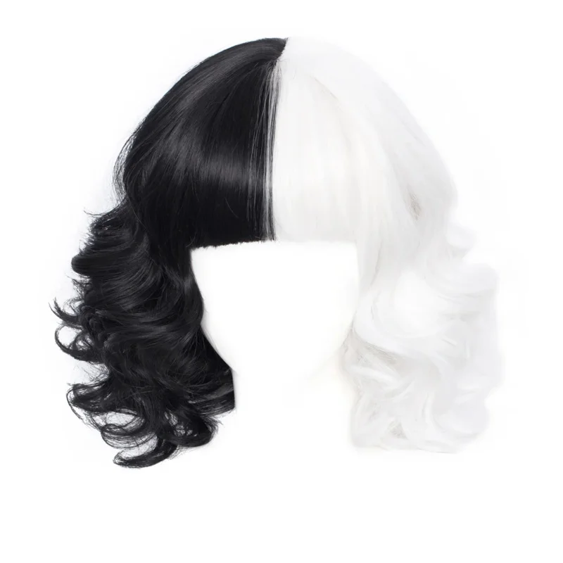 

Halloween witch Cruella adult women black white dress wig gloves Carnival party cosplay costume zh6106b;4.f'7;j,3'