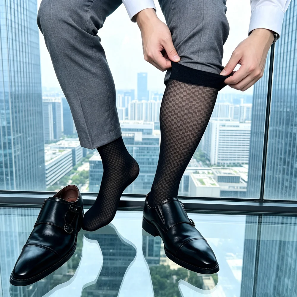Men's Sheer Checkered Knee High Socks Formal Business Dress Socks Elastic Top Long Tube Breathable Sheer Hosiery for Office