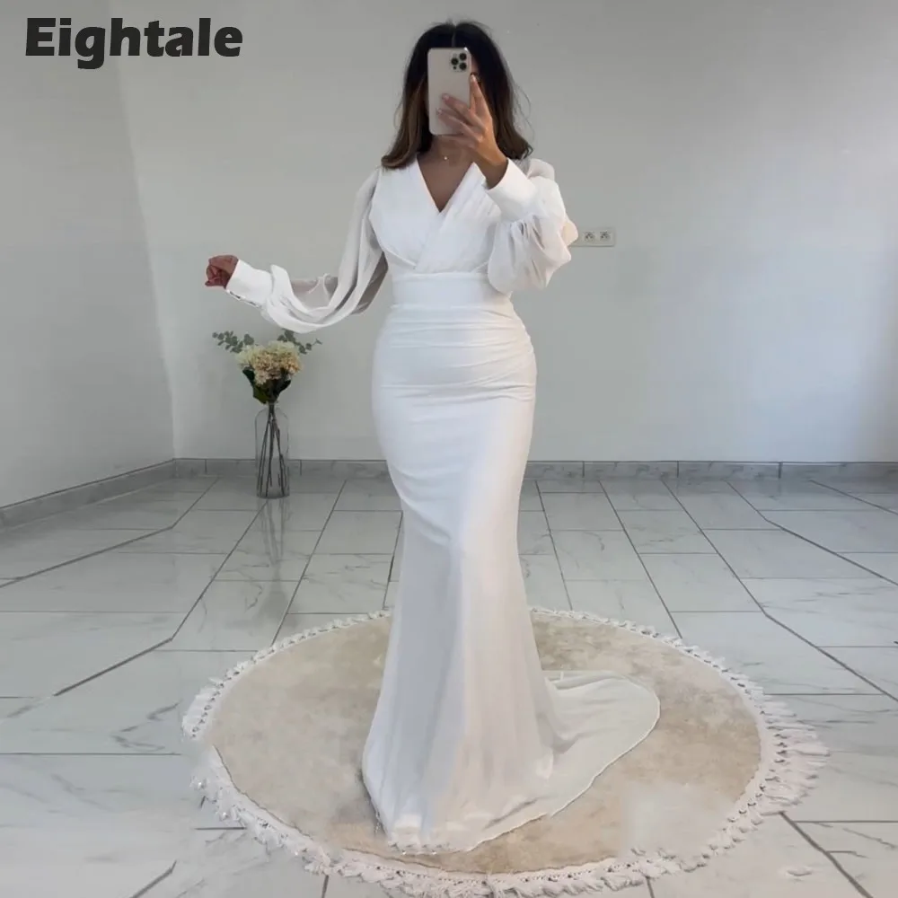 

Eightale Elegant Evening Dress V-Neck Long Sleeves Pleats Mermaid Wedding Party Gowns Chiffon Robe De Soiree Sirene