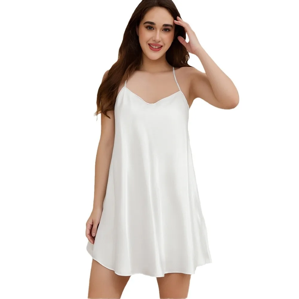 ملابس نوم نسائية ذات لون سادة من الحرير الجليدي بمقاس كبير - فستان نوم قصير مثير، مثالي لملابس منزلية مريحة ومسامية