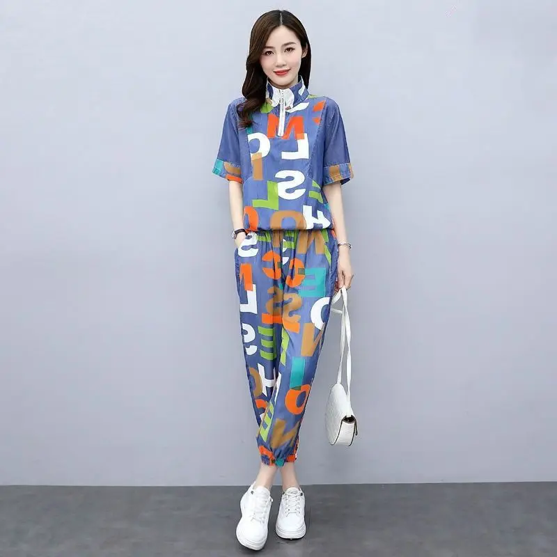 Women's Casual Sweat Suit 2024 Spring Summer New Printing Outfits Short Sleeves Crop Top Pants Two Piece Matching Set For Women