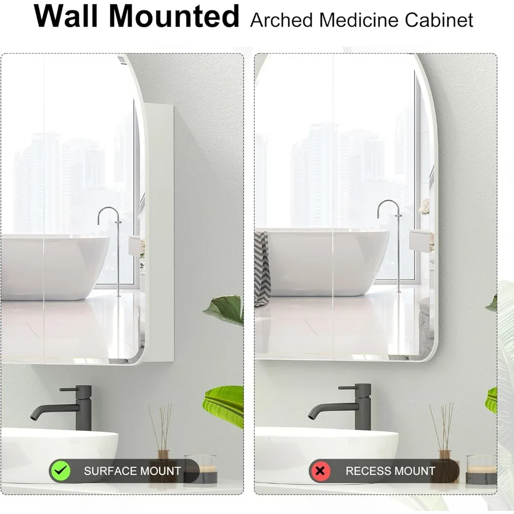 خزانة طبية بمرآة مقوسة بدون إطار مع بابين لتركيب السطح