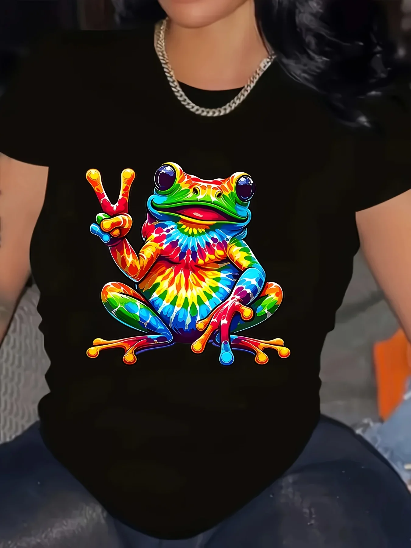 Frog Print Crew Neck Short Sleeve T-Shirt, Summer Casual Women's Wear, Harajuku Style Short Sleeve Casual Aesthetic Clothing Y2K