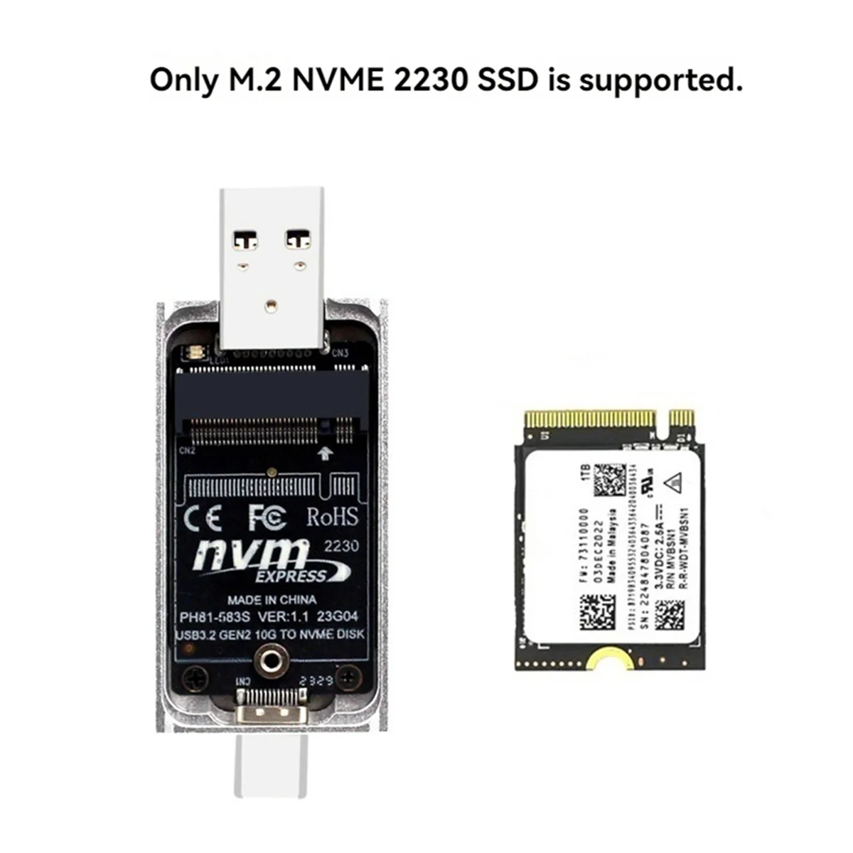 ABLK M.2 NVME SSD Case External Enclosure USB 3.2 Gen2 10Gbps Type-A + Type-C M2 NVME Adapter Box Supports 2230 M.2 NVME SSD