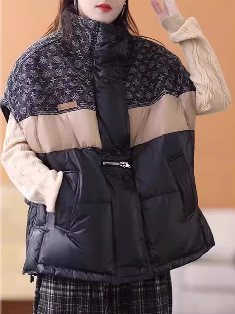 Piumino retrò alla moda Gilet invernale Nuovo colore a contrasto Giacche da pane Spalla oversize allentata Piumino d'anatra bianca da donna