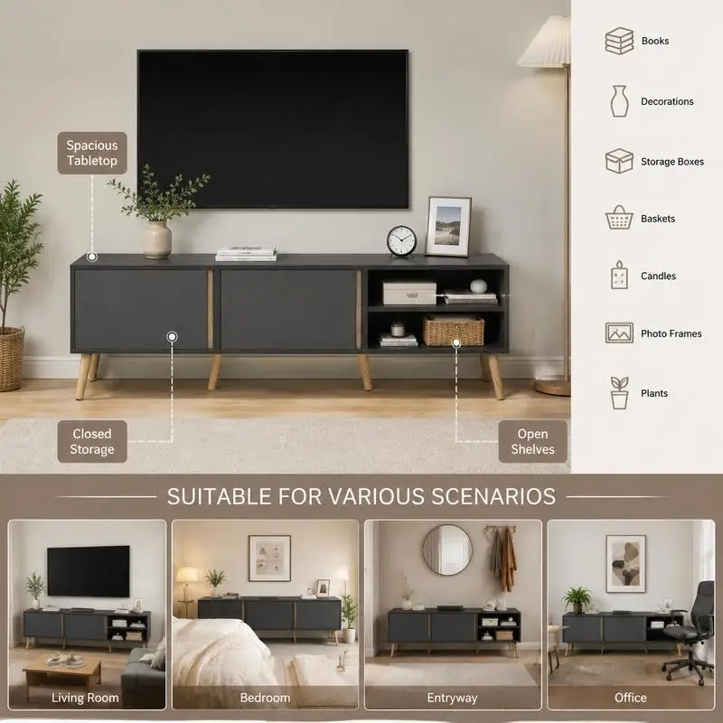 Mueble para TV de hasta 55 pulgadas, estilo escandinavo, 2 puertas, 2 nichos con paso para cables, 150 x 35 x 45 cm, gris oscuro. Crea una zona de almacenamiento de dispositivos multimedia ordenada para las necesidades diarias de visualización y entretenimiento familiar.