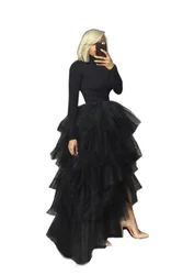 Black Fluffy Tulle Overskirts Multi-Layers Wedding Bridal Petticoat Long Mesh High Low Tiered Tutu Skirt for Prom Party