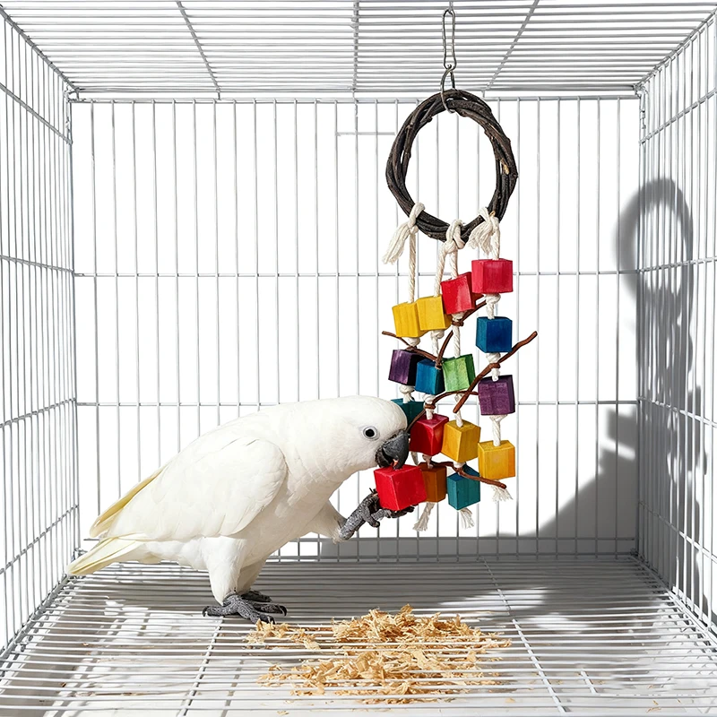 Buntes Papageienspielzeug aus Holz – Apfelzweigschaukel mit hängendem Ring, Bissholzblock, Spielzeug für Pfingstrosenpapageien, Vogelkäfig, Hängedekoration