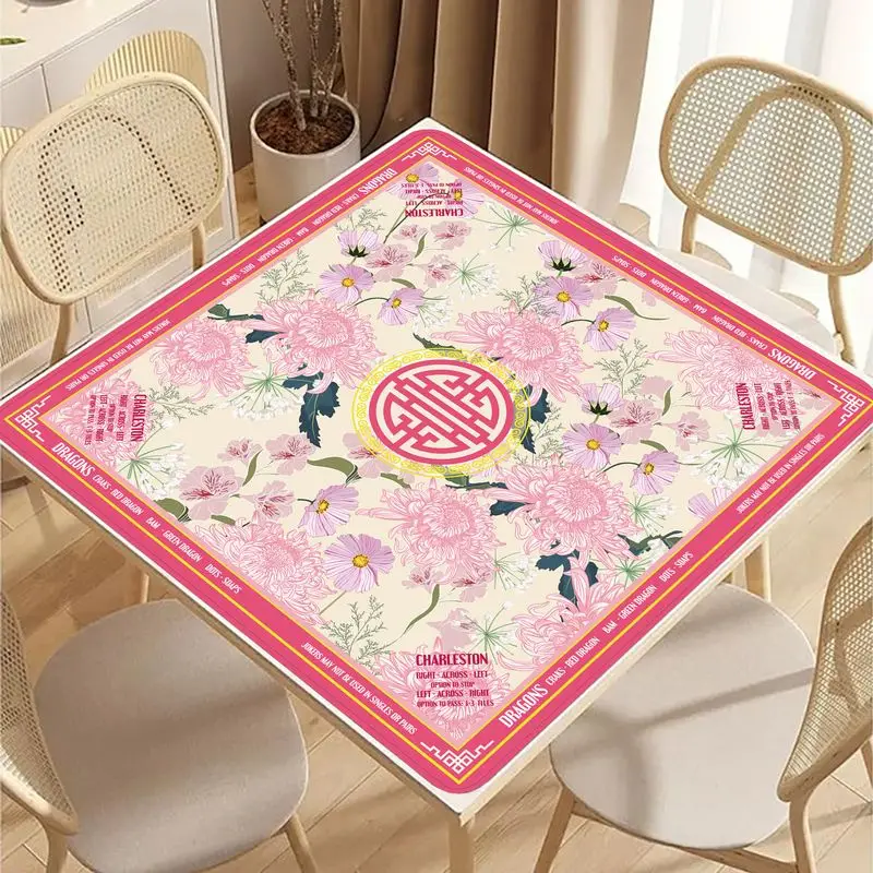 VIKAMA Pink Chrysanthemum Chinese Longevity Mahjong Mat Silent Non Slip Foldable Game Pad Floral Chinoiserie Desktop Decor