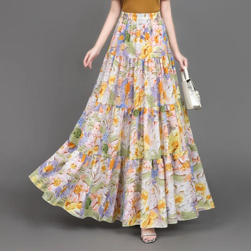 2024 Summer New Floral Maxi Long Boho Chiffon Skirts Elastic Waist Big Flared Ankle Length Cakee Skirts