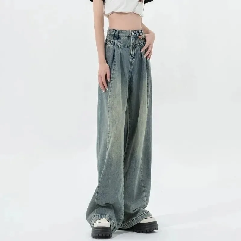 2024 New Spring Autumn Women's Trousers Korean Pleated Wide Leg Pants Casual Design High Waist Pantalones Vintage Baggy Jeans