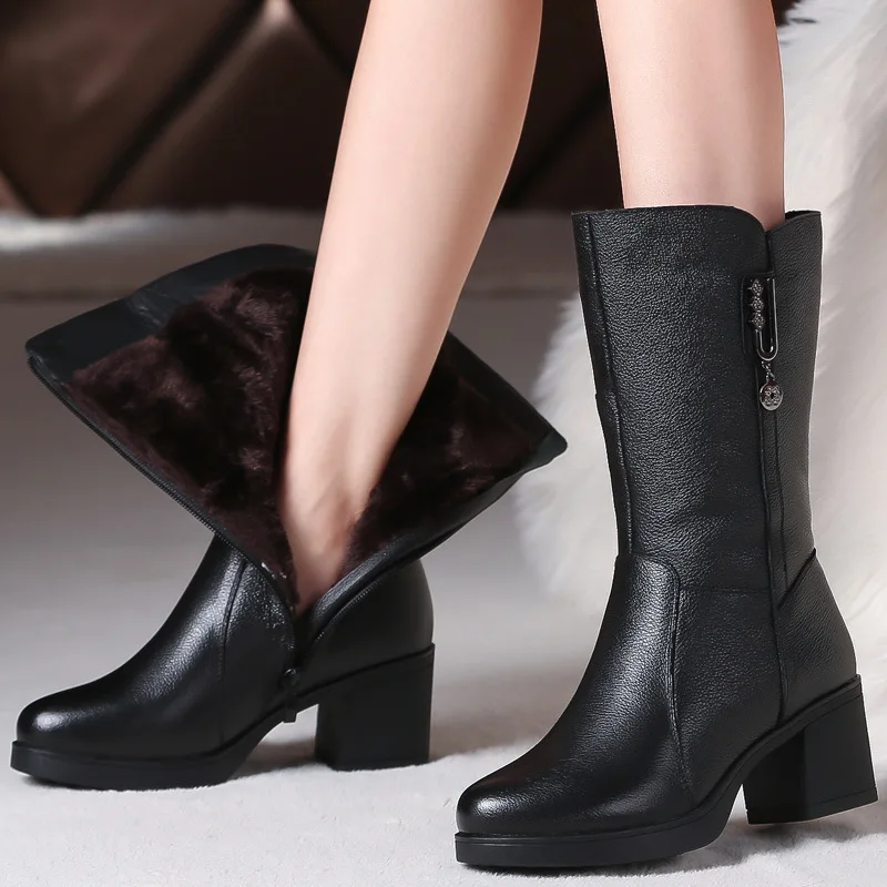 WOIZGIC women genuine leather mid calf boots female mather ladies winter fur plush warm