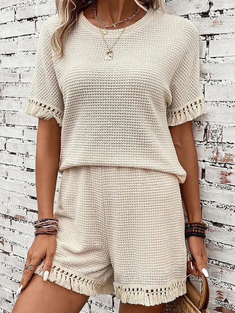 Elegant Women's Fashion Two Piece Set Suit Summer New Khaki Simple Versatile Tassel Trimmed Loose O-neck 2-piece Set For Women