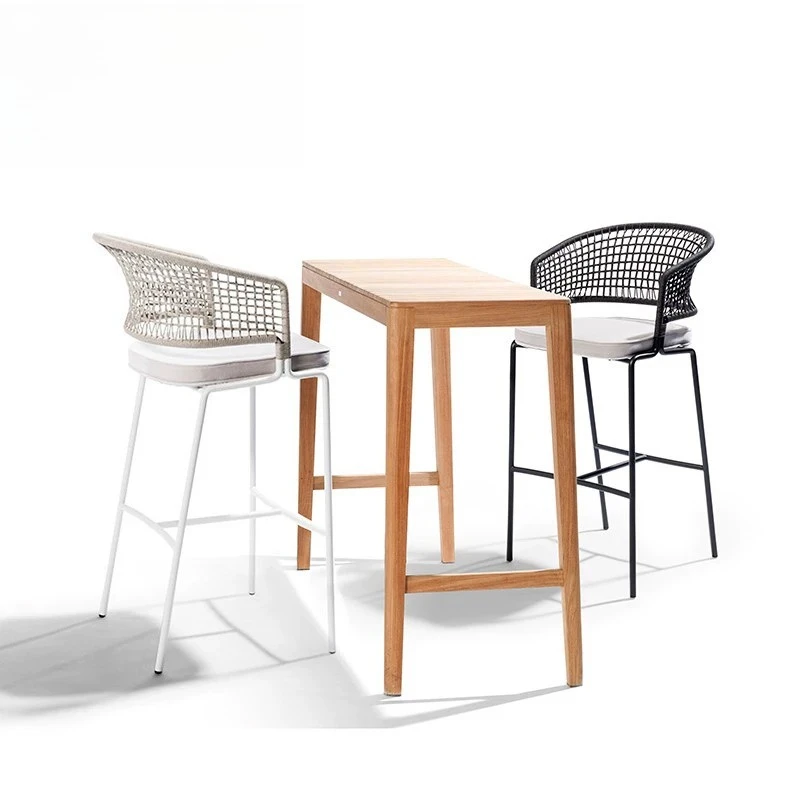 

High-end teak courtyard bar chair restaurant villa outdoor high stool leisure outdoor rattan