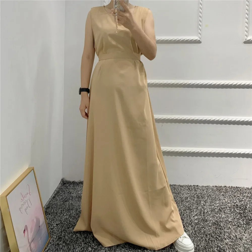 

Ramadan Casual Women Sleeveless Maxi Dresses Muslim Underdress Dubai Turkey Kaftan Islamic Arab Robe Clohting Jalabiya Vestidos