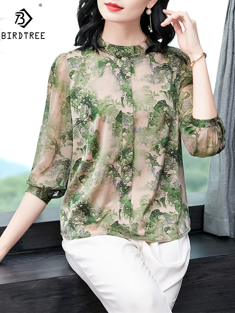 

BirdTree, 92%Real Silk Elegant Shirt, Women Half Sleeve Stand Neck Print, Retro OL Casual Mom Blouses, 2024 Summer New T44889QM