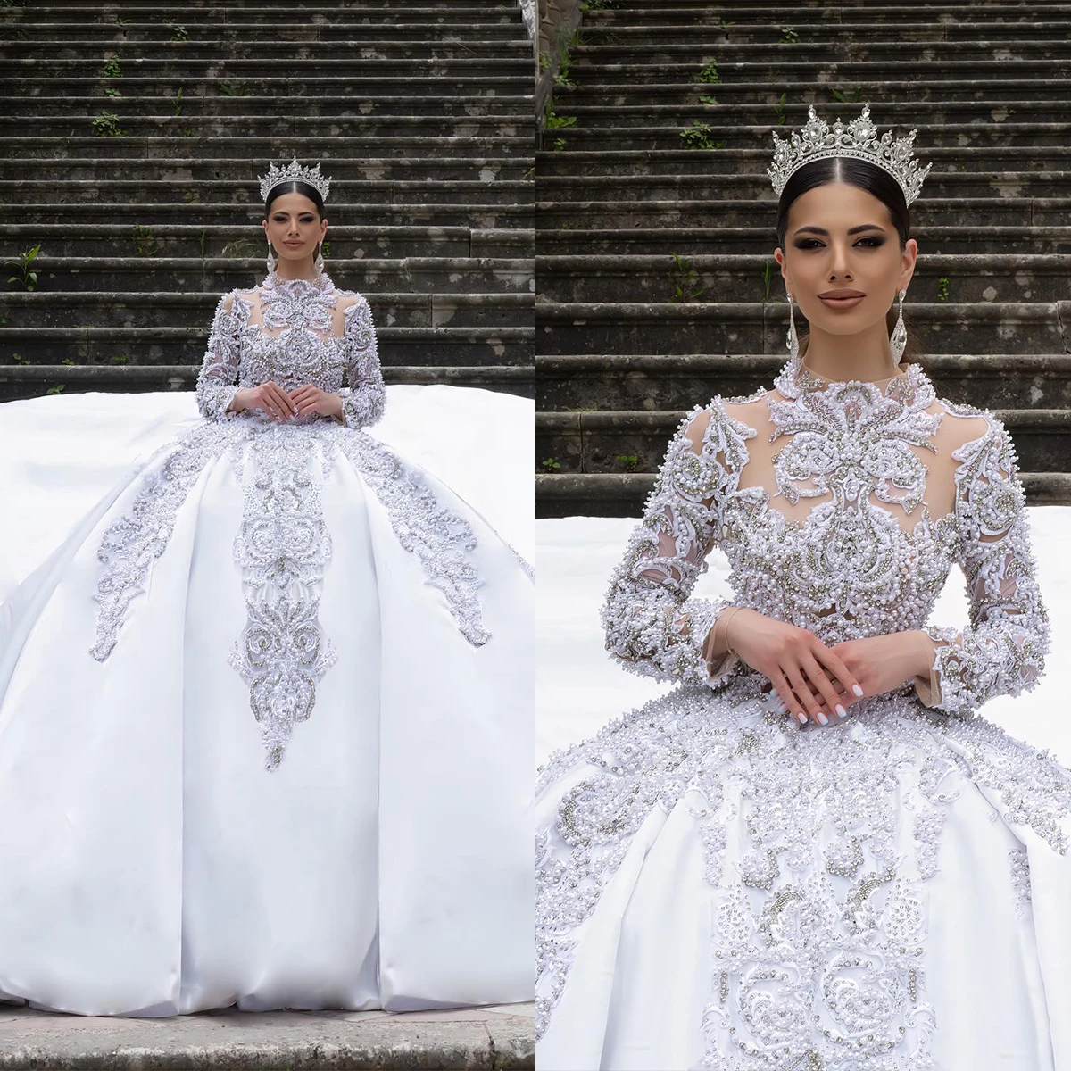 

Luxury Ball Gown Wedding Dresses Long Sleeves Halter Sequins 3D Lace Appliques Ruffles Pearls BeadsBridal Gowns Vestina De Novia