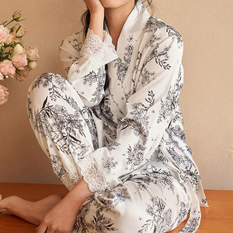 2024 Spring Autumn New Ice Silk Soft V-neck Pajamas for Women Lace Lapel Cardigan Outfits for Women 2 Piece Set Home Clothes