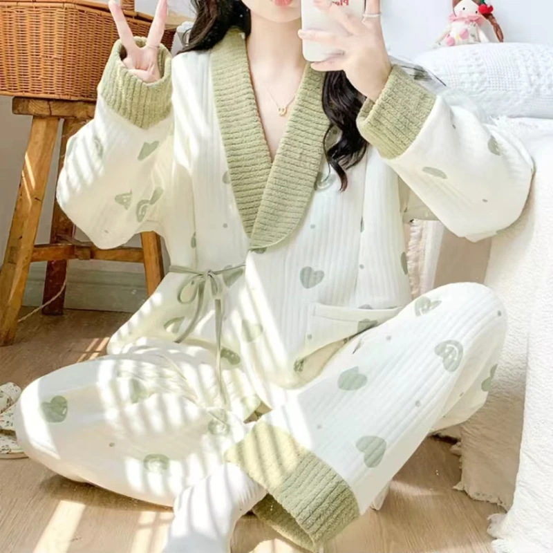 New Thicken Air Cotton Confinement Clothing Women Large Size V-neck Nursing Pajamas Set Casual Comfortable Homewear Suit 2025