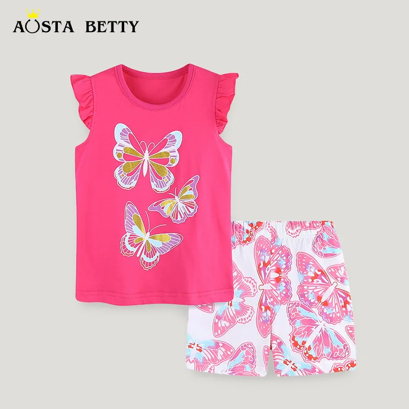 

Girls' Short Sleeve Set 24 New Summer Children's Wear Girls Young Children Butterfly Printed T-shirt 2 Sets