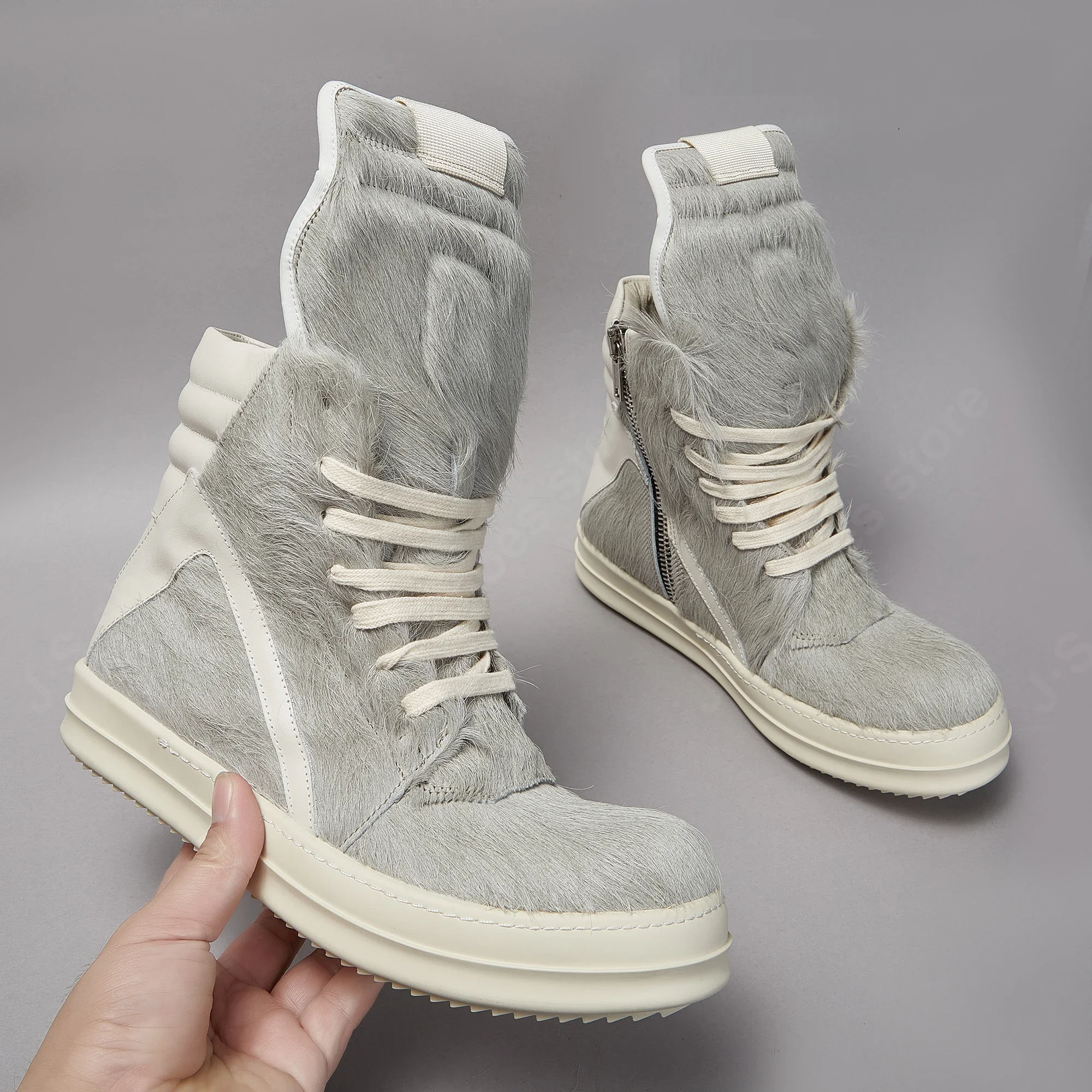 

Ricks Shoes Men Horse Hair Boot High Top Shoes Women Sneaker Owens Casual Shoes Men Shoe Zipper Gray Horsehair Flat Ankle Boots