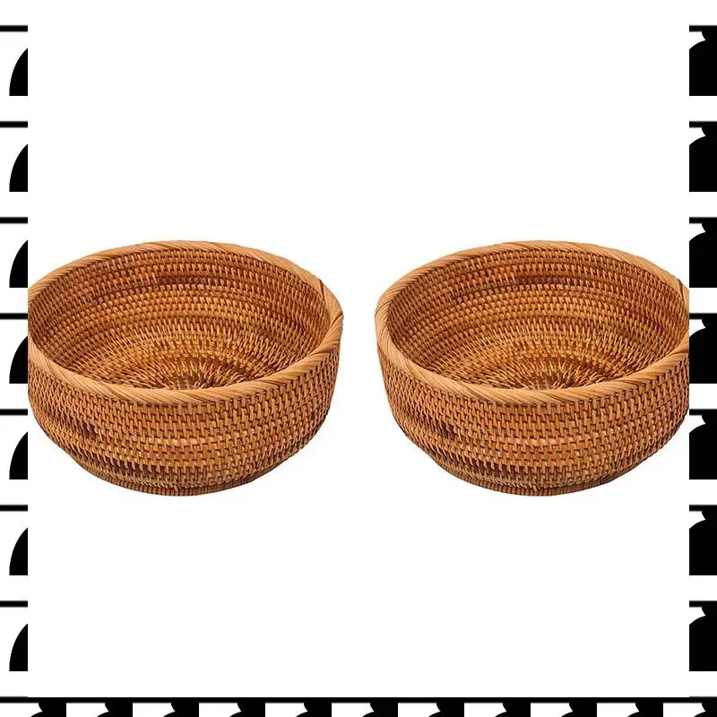 

A44U Natural Rattan Round Fruit Basket Wicker Tabletop Bread Serving Tray Weaving Food Storage Bowls(Large, 2Pcs)