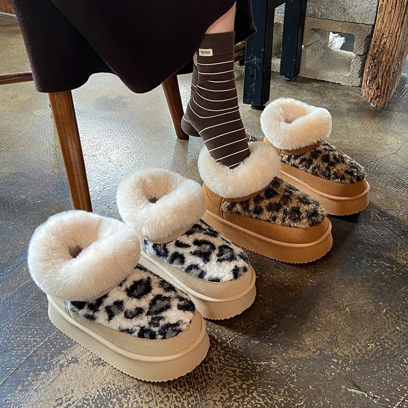 Women Warm Fashion Snow Boots Winter Platform Shoes Soft Plush Thick Sole Leopard Style Girls Daily Walking Short Botas Mujer