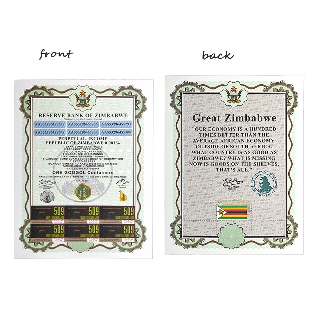 300PCS/BOX Large Zimbabwe Banknote ONE COOGOL CONTAINERS White Paper Money Serial Banknote with Fluorescent Effect