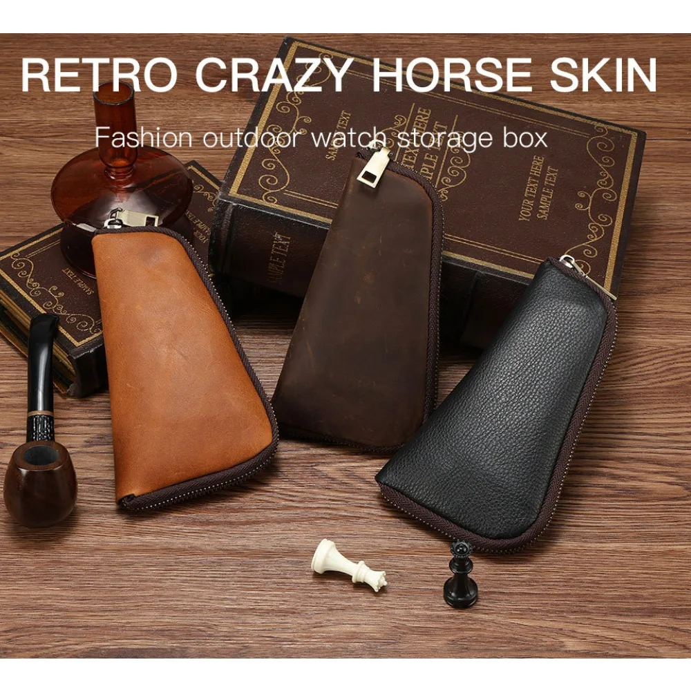 

Genuine leather pipe bag, simple and portable zipper pipe and tobacco storage bag, men's clutch