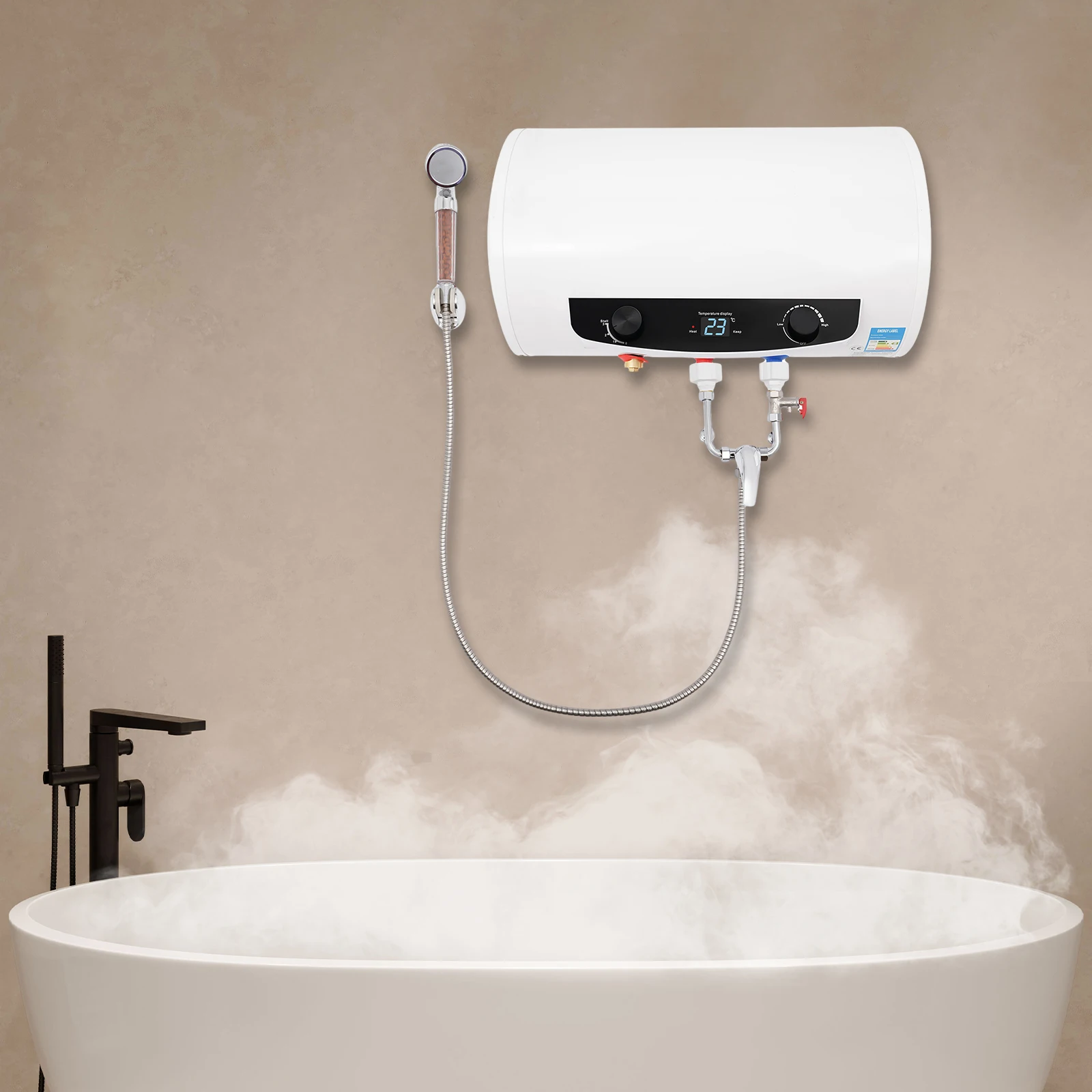 سخان مياه بخزان كهربائي، 1500 وات 110 فولت، مجموعة سخانات مياه بيضاء ذات سعة كبيرة مثبتة على الحائط، مع دش يدوي وصنبور، G1/2 #1