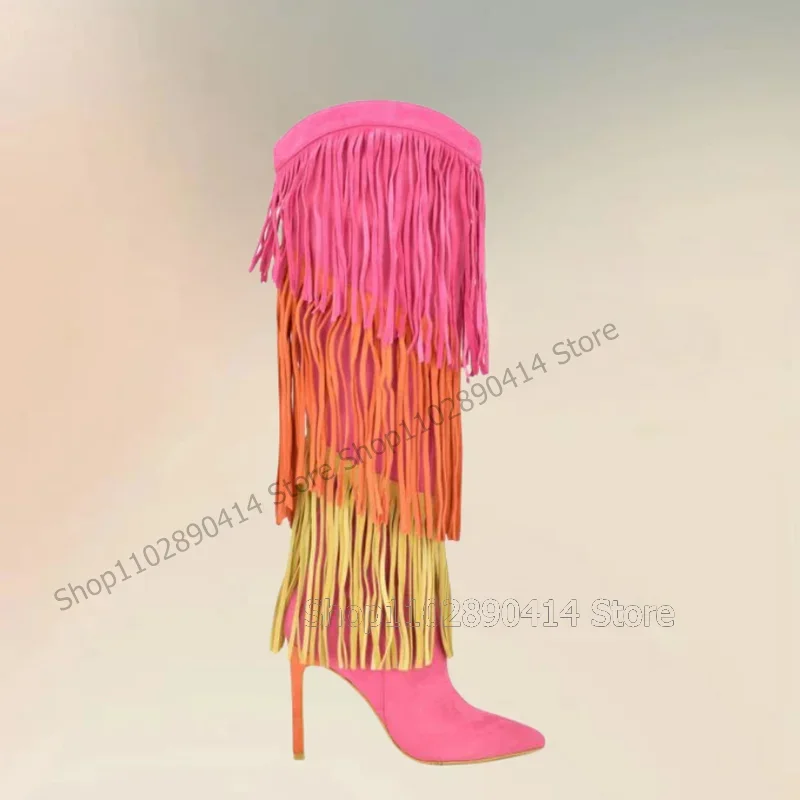 

Pink Orange Yellow Tassels Decor Pointed Toe Boots Side Zipper Women Shoes Thin High Heels Novel Party 2025 Zapatos Para Mujere