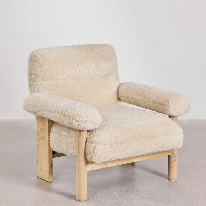 Medieval minimalist lamb wool retro solid wood casual single sofa recliner