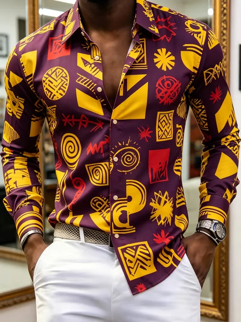 New men's Bohemian tribal totem long sleeved shirt with deep purple geometric pattern men's trendy lapel top