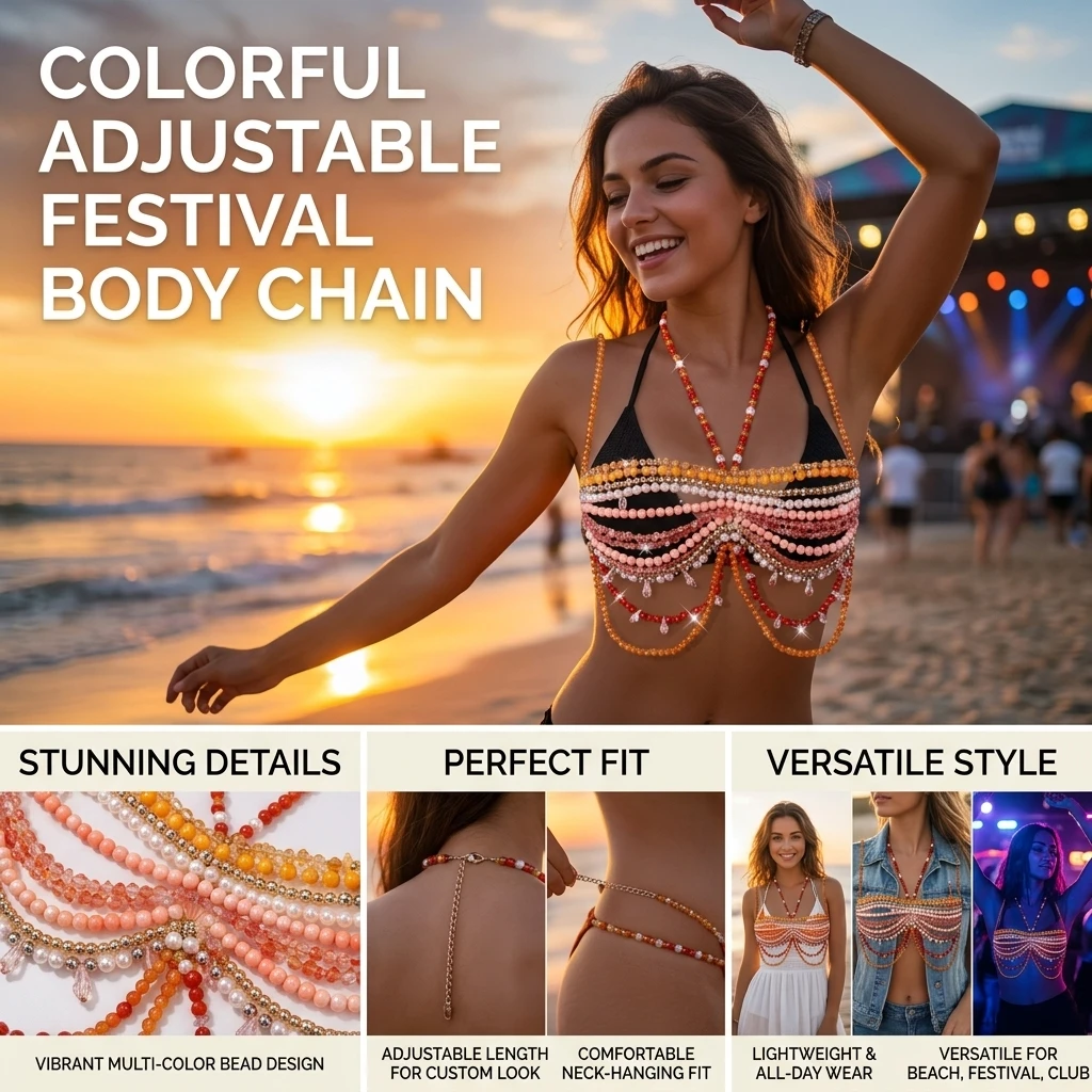 

Women's Colorful Beaded Body Chain With Adjustable Length For Music Festivals And Parties