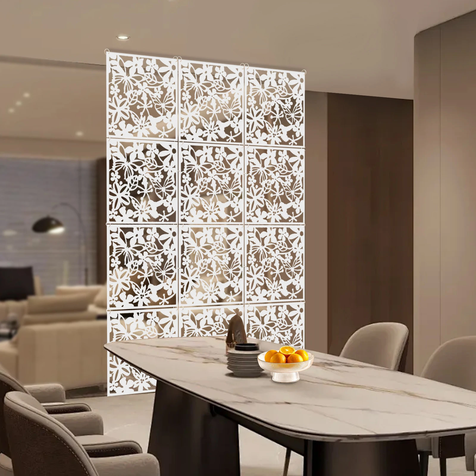 12 pièces de paravent suspendu en PP blanc, écran suspendu ajouré sculpté, écran de séparation pliable DIY avec anneaux de connexion, séparateur d'intimité décoratif mural carré pour chambre, salon, salle à manger, bar, séparateur d'espace translucide.