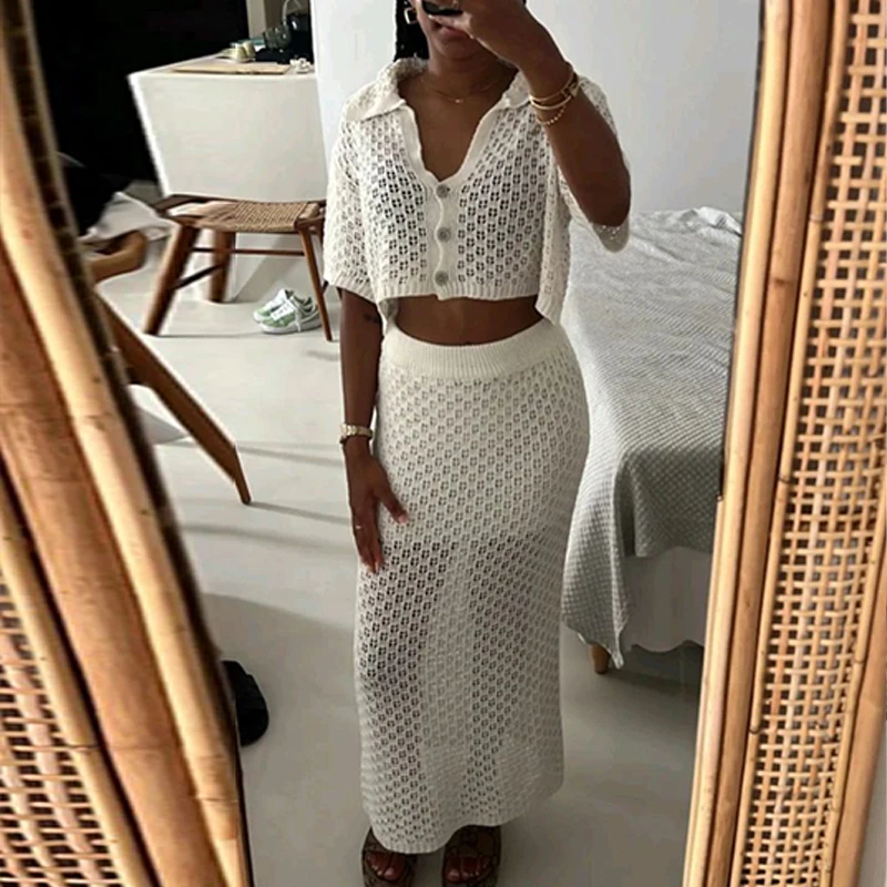 สไตล์ใหม่ถัก Hollow Out แขนสั้น Slim กระโปรง 2 ชิ้น Beach Cover Up ชุดสตรีวันหยุด Sun ชุดว่ายน้ํา Cover-Ups