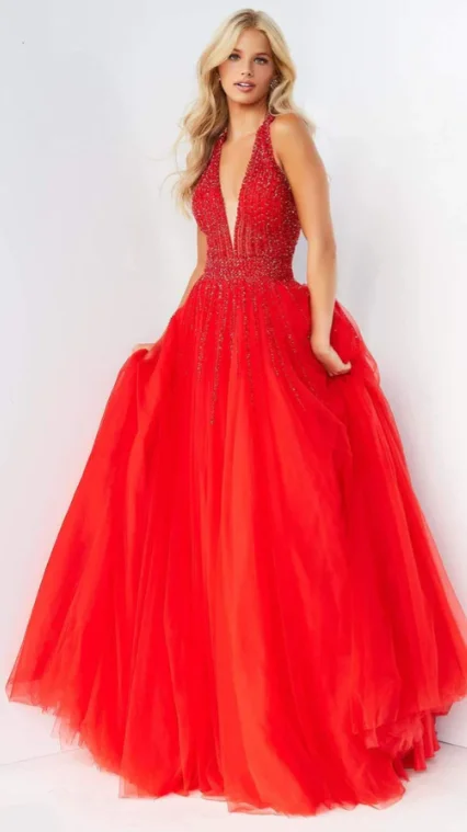 Evening Dresses Luxury Women's Red Halter Beaded Top Tulle Skirt Formal Gowns with Keyhole Back Prom Dresses