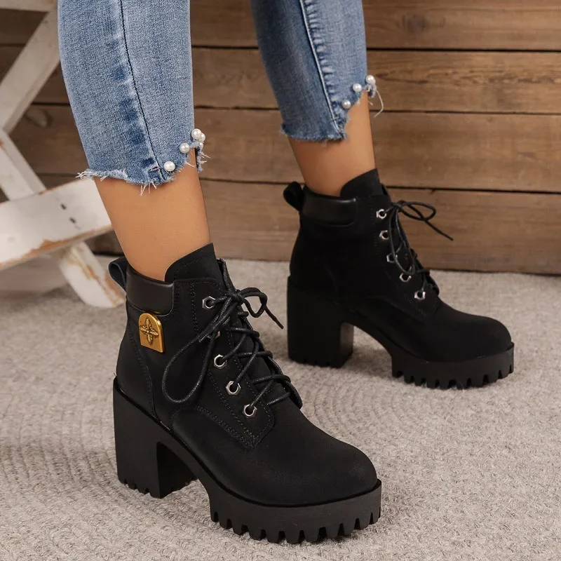 Womens Heels Ankle Boots High Quality Leather Casual Boot Designer Platform Boots for Women Lace Up Retro Short Boots Big Size42