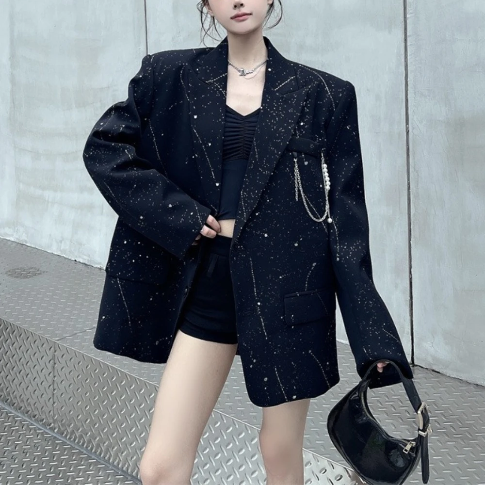 سترة نسائية من TWOTWINSTYLE باللون الأسود مع طية صدر السترة وأكمام طويلة فضفاضة ومزاجية راقية سترات نسائية موضة خريف جديدة