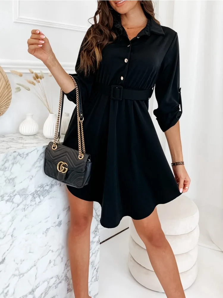 Women\'s Spring New Pull-up Sleeve Waist Shirt Dress POLO Neck High Waist Dress Temperament Commuter Solid Color Dress