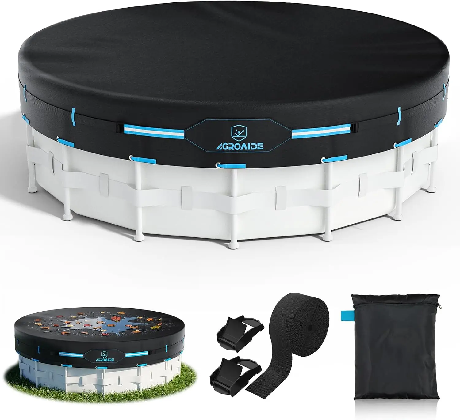 30ft Round Pool Cover, Dual Wind Protection System, 420D Oxford Fabric for All Season Use - Tear Resistant, UV & Dust Proof