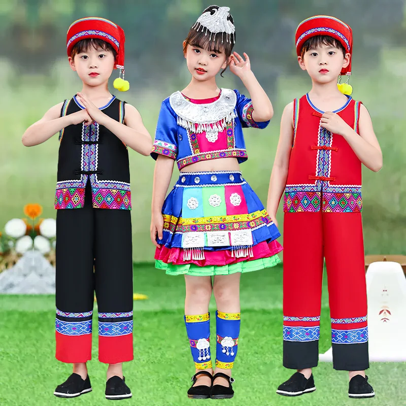 Children's performance costumes, ethnic minority costumes, Zhuang girls, Hongshanguo, Yi, Yao, Miao dance costumes, blessings