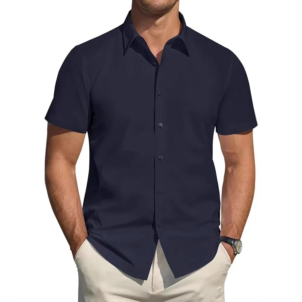 Men's Casual Solid Summer Short-Sleeve Shirt Elegant Turn Collar Formal Dress Shirts And Blouses