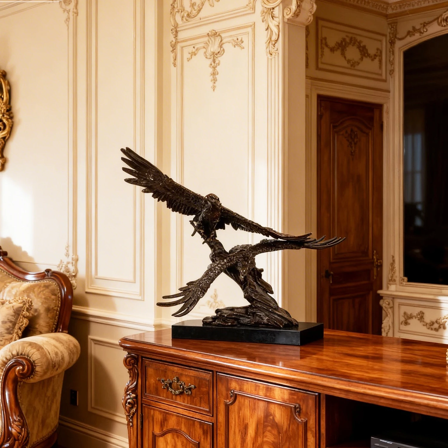 Bronze Couple Eagle Falcon Statue Animal Bird Sculpture Marble Base Gorgeous Home Office Decor Business Gift