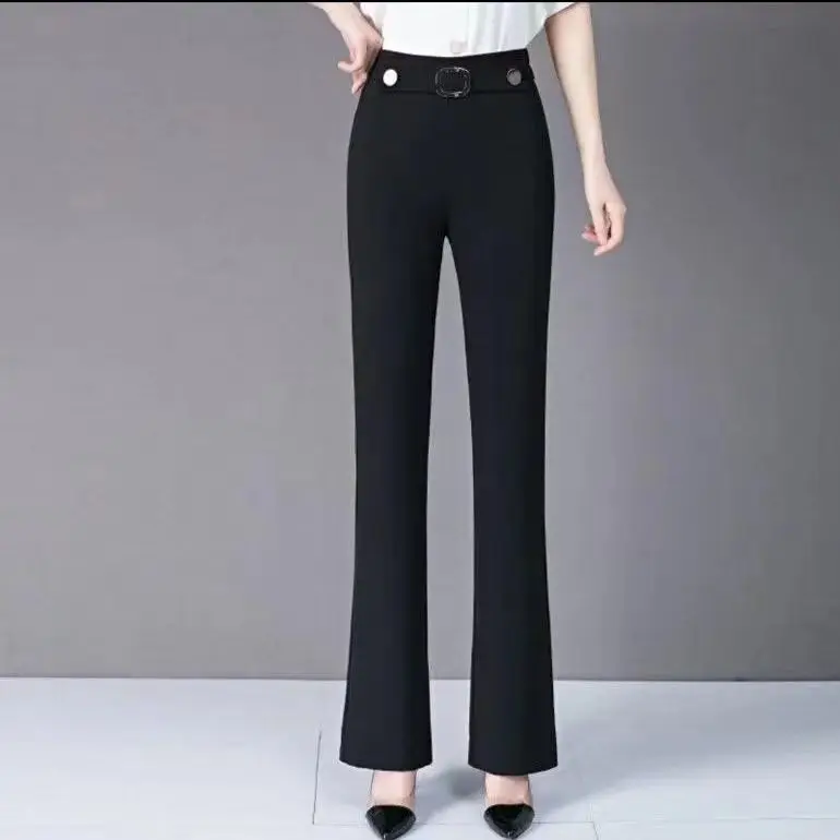 Calça reta de cintura alta feminina, emendada, monocromática, botão de bolso, elástica, fina, casual, moda de deslocamento, primavera, verão, nova