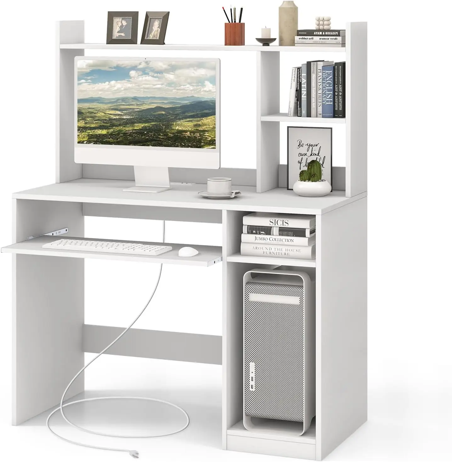 White Desk with Hutch &Charging Station, Home Office Desk with Keyboard Tray & CPU Stand, Modern Laptop PC Desk