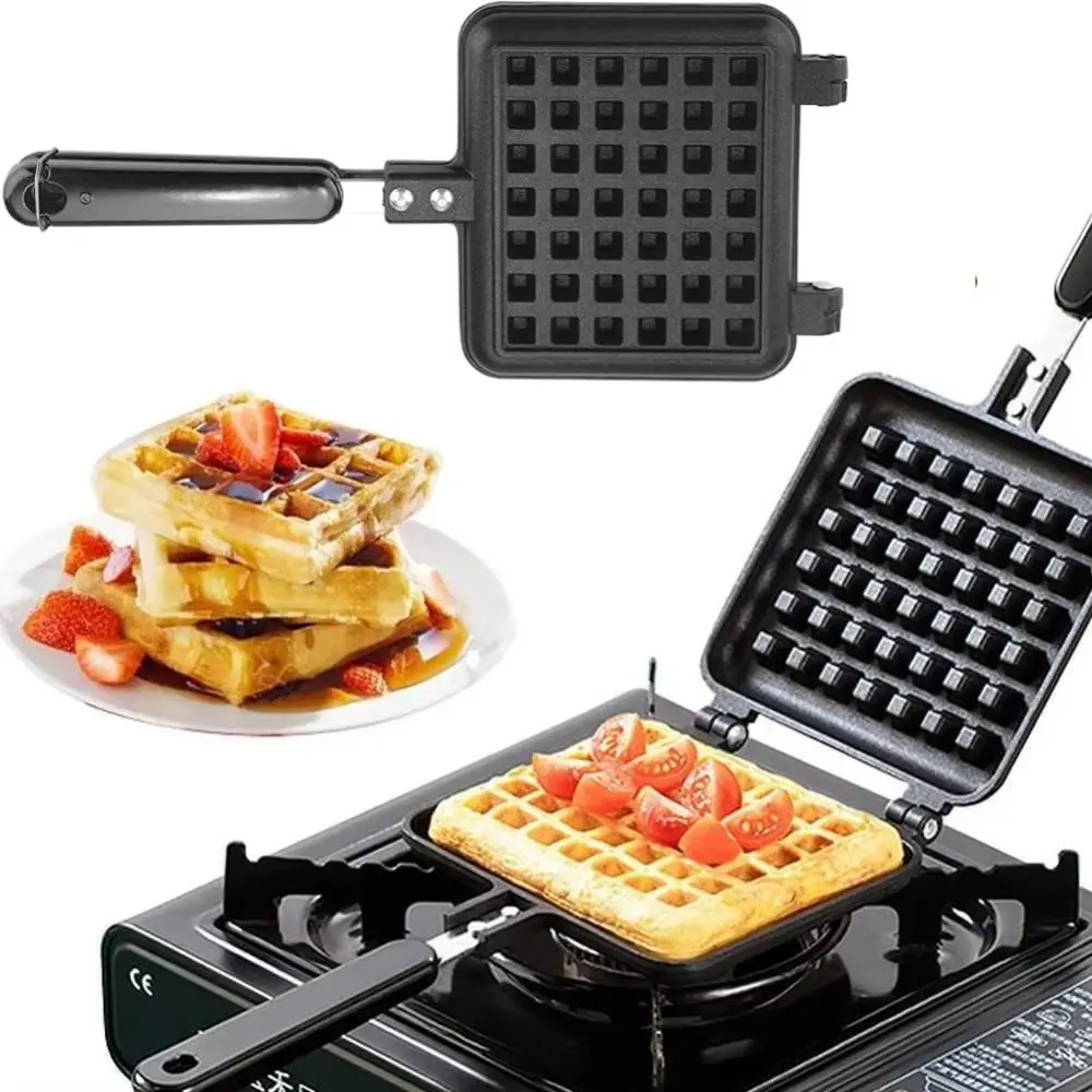 Molde para hornear gofres con mango largo profesional, máquina para hacer gofres cuadrada de doble cara, sándwich de aluminio fundido duradero para hornear